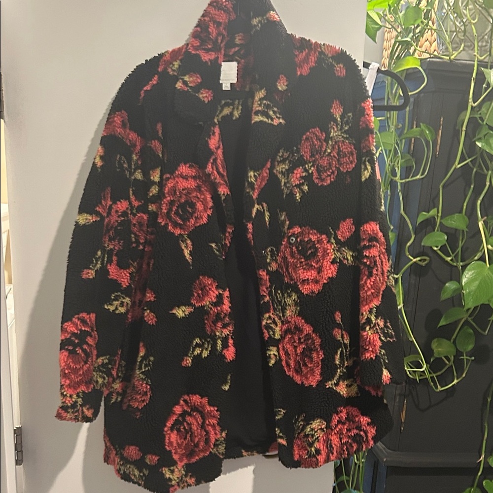 Anthropologie Black and Rose Floral Teddy Jacket